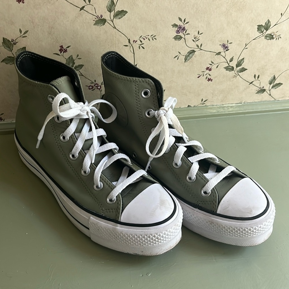 Sage green leather high top converse